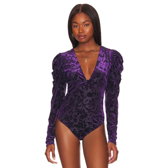 Free People XS Magic Hour Velvet Bodysuit Deep Sea Combo V-Neck Puff Sleeve NWT - Picture 5 of 16